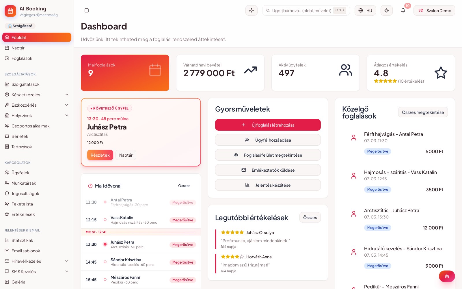 AI Booking dashboard — mai foglalások, bevétel, ügyfelek