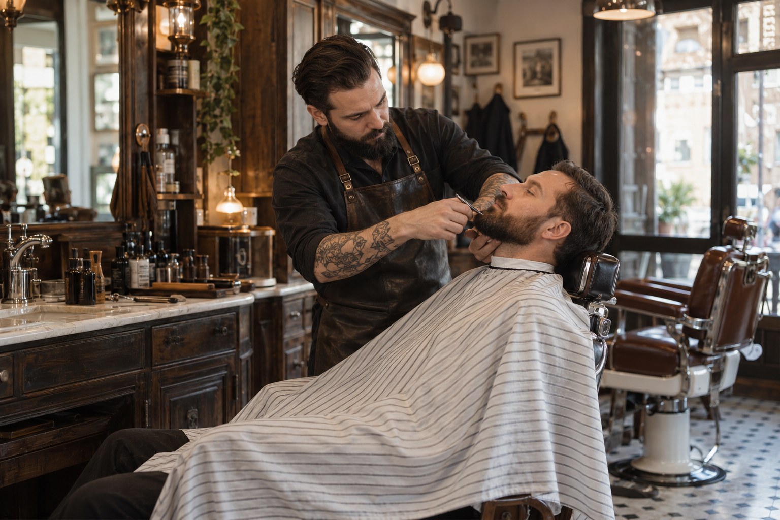 Barbershop klasszikus borbélyszékekkel, sötét fa és réz részletekkel
