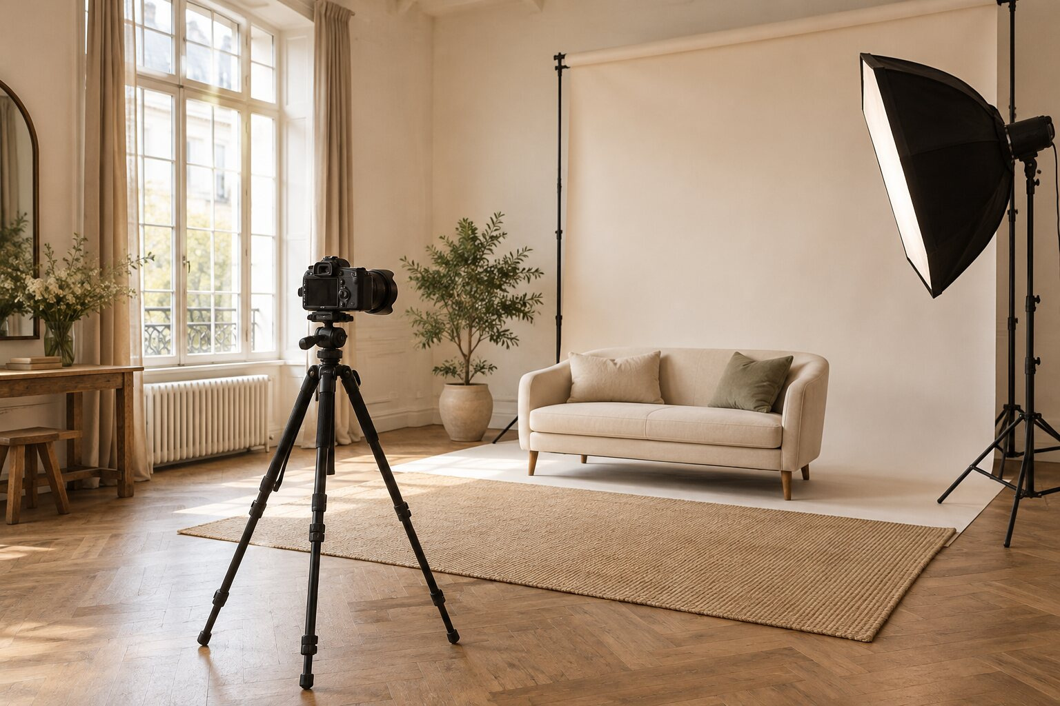 Fotóstúdió állványos fényképezőgéppel, kanapéval és softbox világítással