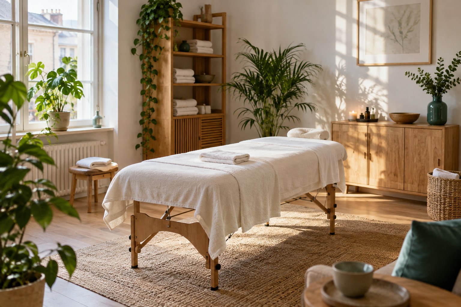 Nyugodt wellness-stúdió világos kezelőággyal, fa részletekkel és zöld növényekkel