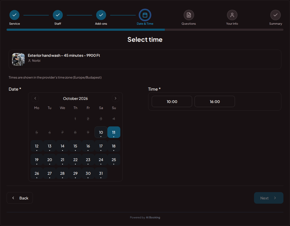 Appointment booking system for car detailers – Car detailing booking calendar with available slots for the selected service