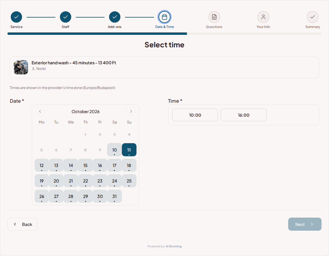 Appointment booking system for car detailers – Car detailing booking calendar with available slots for the selected service