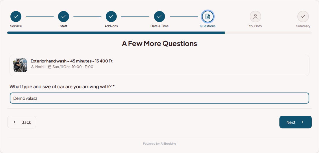 Appointment booking system for car detailers – Car detailing pre-booking question: What type and size of car are you arriving with?