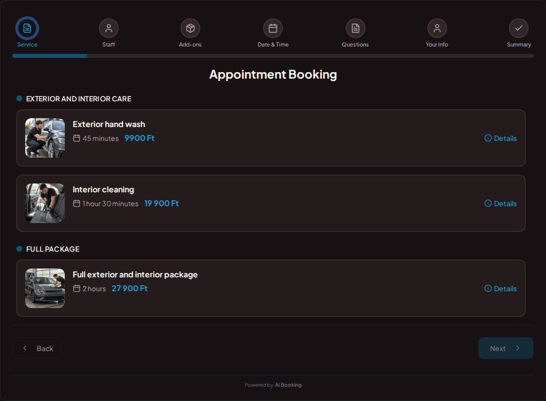 Appointment booking system for car detailers – Exterior hand wash, Interior cleaning, Full exterior and interior package with prices, durations, and categories