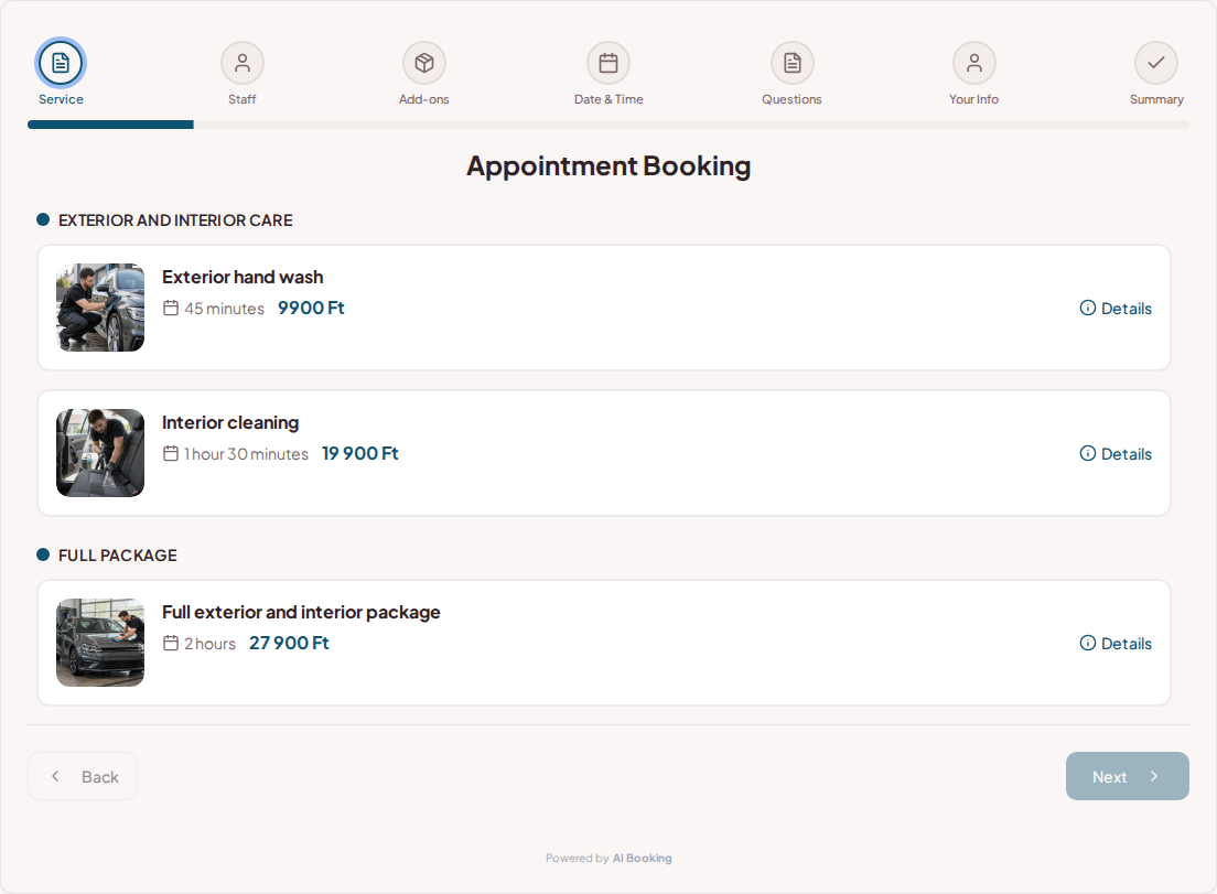 Appointment booking system for car detailers – Exterior hand wash, Interior cleaning, Full exterior and interior package with prices, durations, and categories