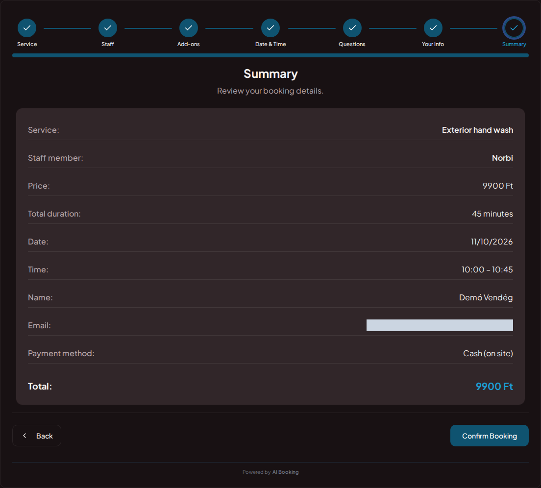 Appointment booking system for car detailers – Car detailing booking summary with service, professional, time, and fee
