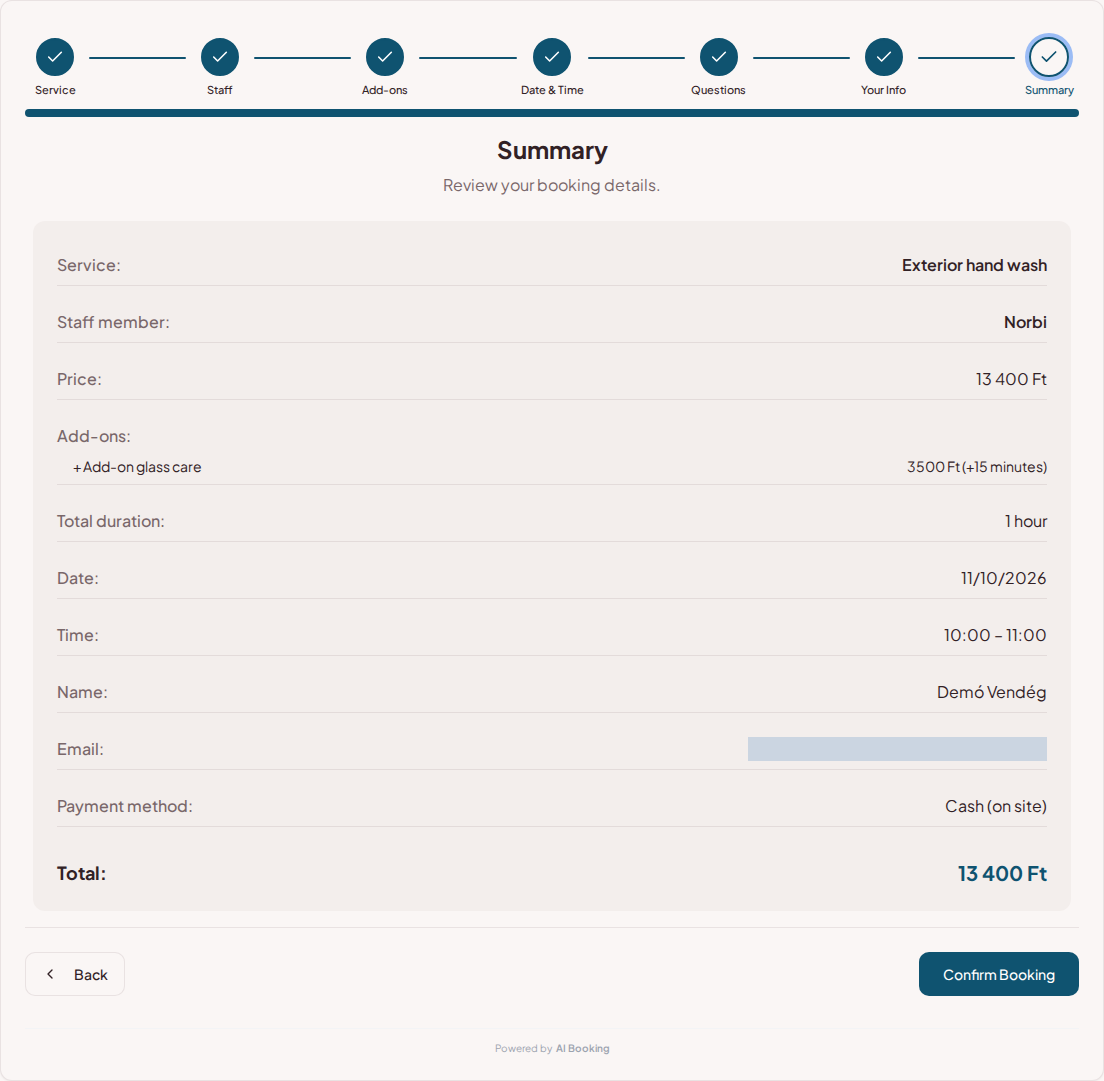 Appointment booking system for car detailers – Car detailing booking summary with service, professional, time, and fee