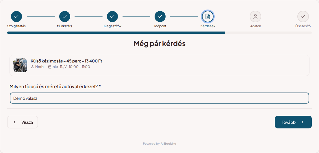 Időpontfoglaló rendszer autókozmetikához – Autókozmetikai kezelés előzetes foglalási kérdése: Milyen típusú és méretű autóval érkezel?