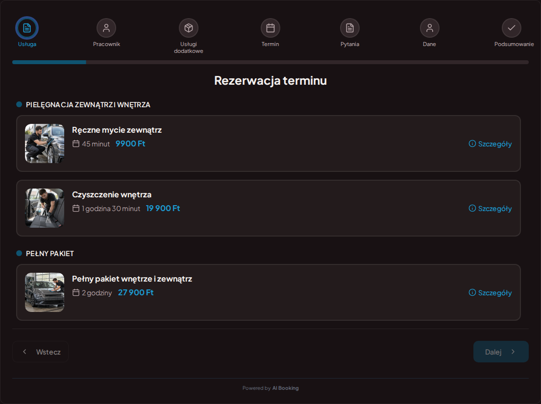 System rezerwacji dla detailerów samochodowych – Ręczne mycie zewnątrz, Czyszczenie wnętrza, Pełny pakiet wnętrze i zewnątrz z cenami, czasem trwania i kategoriami System rezerwacji dla detailerów samochodowych – Ręczne mycie zewnątrz, Czyszczenie wnętrza, Pełny pakiet wnętrze i zewnątrz z cenami, czasem trwania i kategoriami