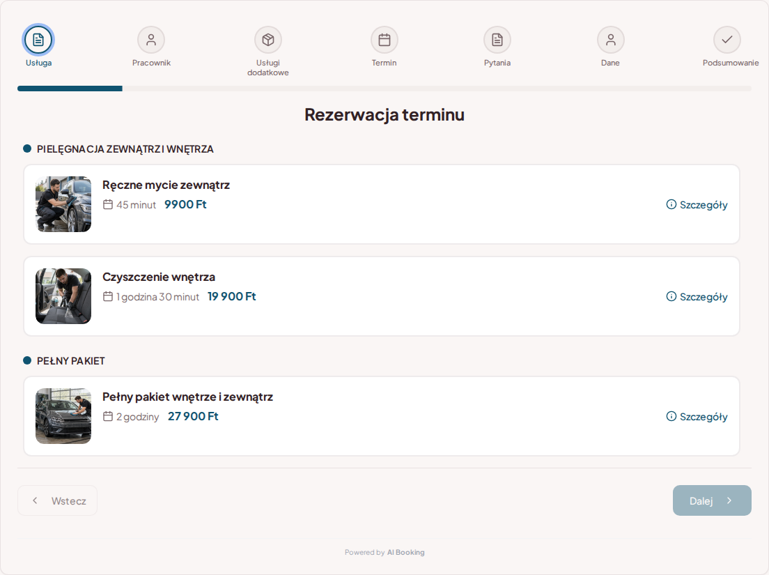 System rezerwacji dla detailerów samochodowych – Ręczne mycie zewnątrz, Czyszczenie wnętrza, Pełny pakiet wnętrze i zewnątrz z cenami, czasem trwania i kategoriami System rezerwacji dla detailerów samochodowych – Ręczne mycie zewnątrz, Czyszczenie wnętrza, Pełny pakiet wnętrze i zewnątrz z cenami, czasem trwania i kategoriami