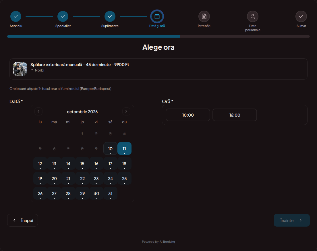 Sistem de programări pentru detailing auto – Calendar de programări pentru detailing auto cu intervale libere pentru serviciul ales Sistem de programări pentru detailing auto – Calendar de programări pentru detailing auto cu intervale libere pentru serviciul ales
