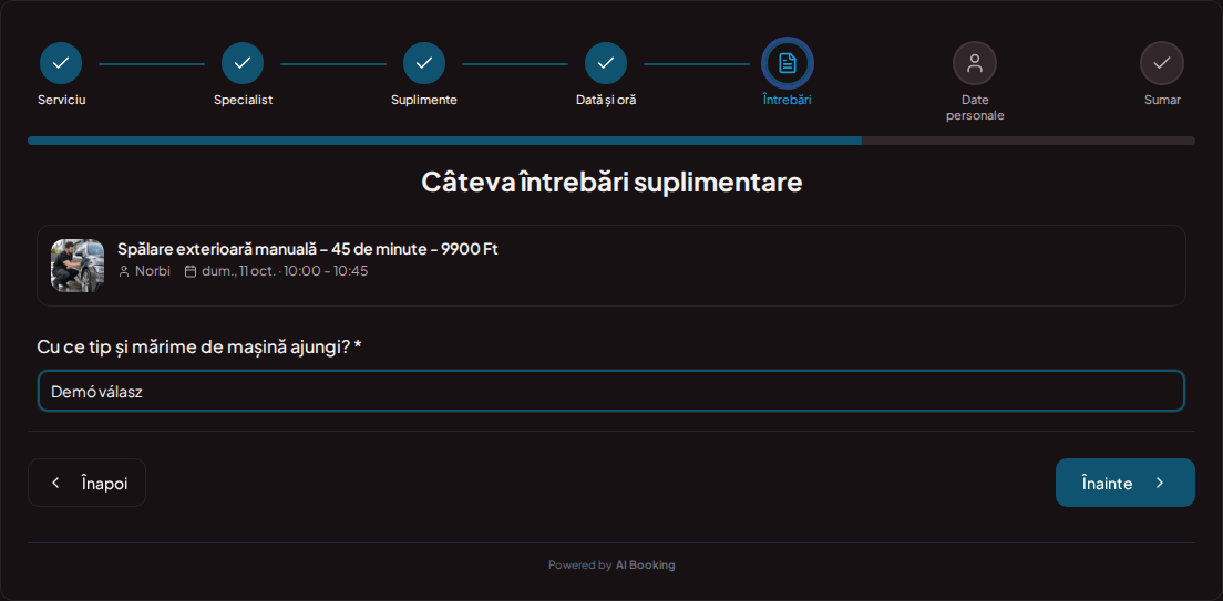 Sistem de programări pentru detailing auto – Întrebare de rezervare prealabilă pentru detailing auto: Cu ce tip și mărime de mașină vii? Sistem de programări pentru detailing auto – Întrebare de rezervare prealabilă pentru detailing auto: Cu ce tip și mărime de mașină vii?