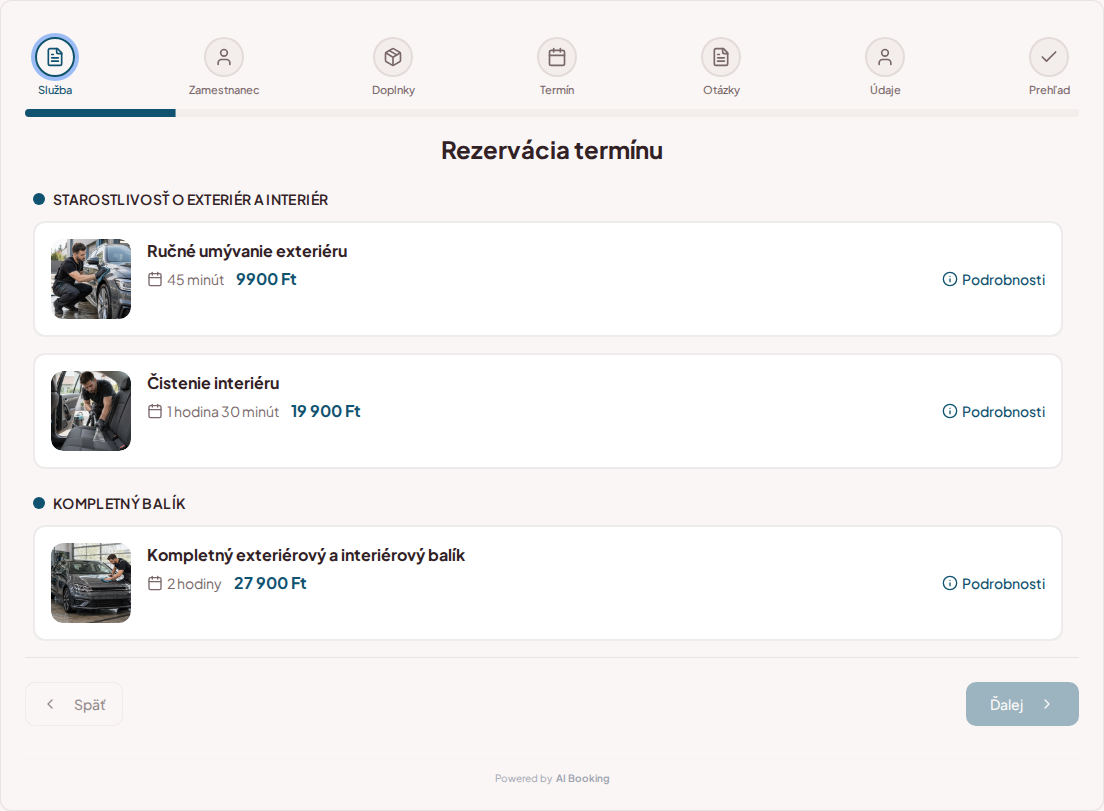 Systém rezervácií pre autokozmetiku – Ručné umývanie exteriéru, Čistenie interiéru, Kompletný exteriérový a interiérový balík s cenami, dĺžkou trvania a kategóriami