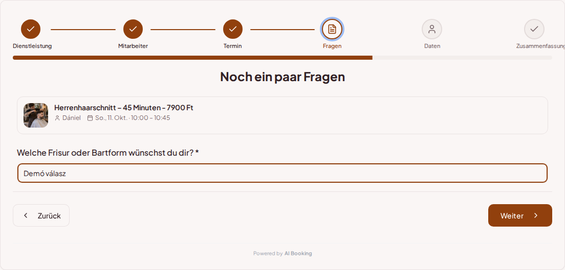 Terminbuchungssystem für Barbiere – Vorabfrage zum Barbershop-Service: Welche Frisur oder Bartform wünschst du dir?
