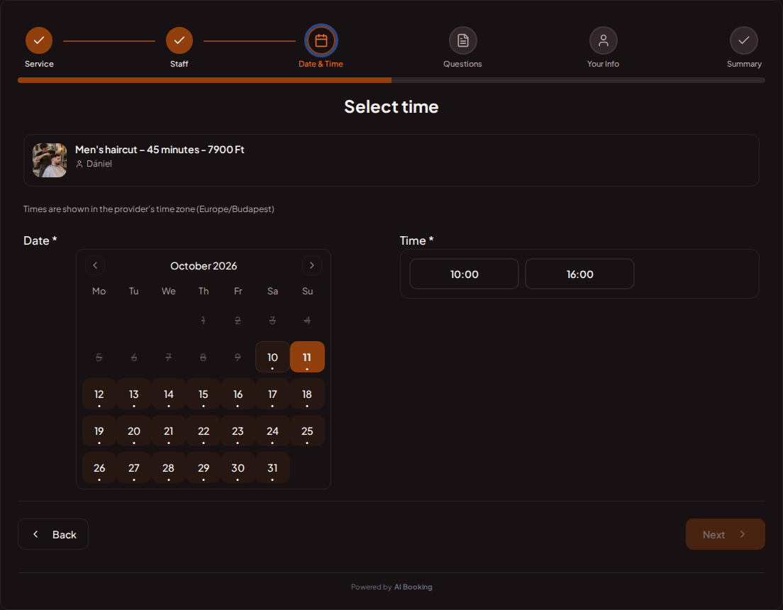 Appointment booking system for barbers – Barber booking calendar with available slots for the chosen service