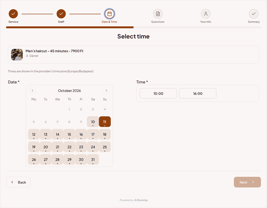 Appointment booking system for barbers – Barber booking calendar with available slots for the chosen service
