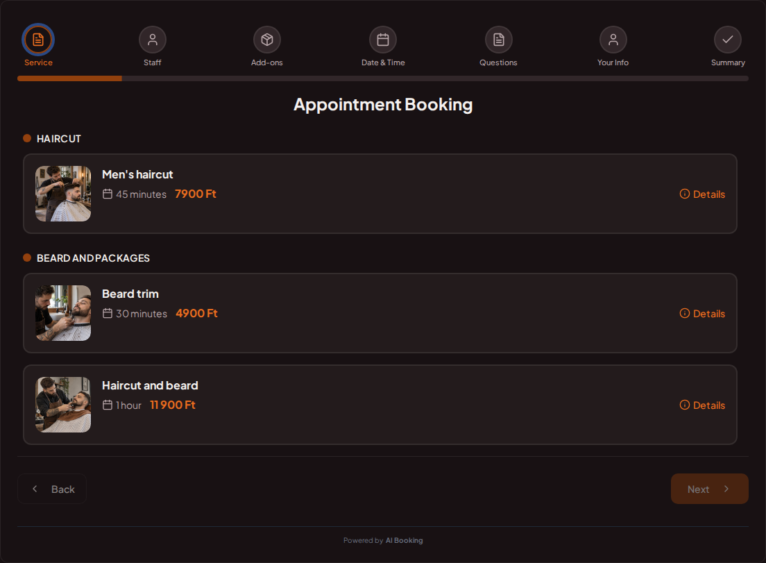 Appointment booking system for barbers – Men's haircut, Beard trim, Haircut and beard with prices, durations, and categories