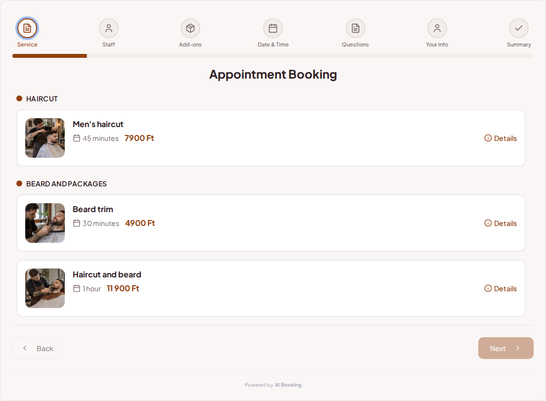 Appointment booking system for barbers – Men's haircut, Beard trim, Haircut and beard with prices, durations, and categories