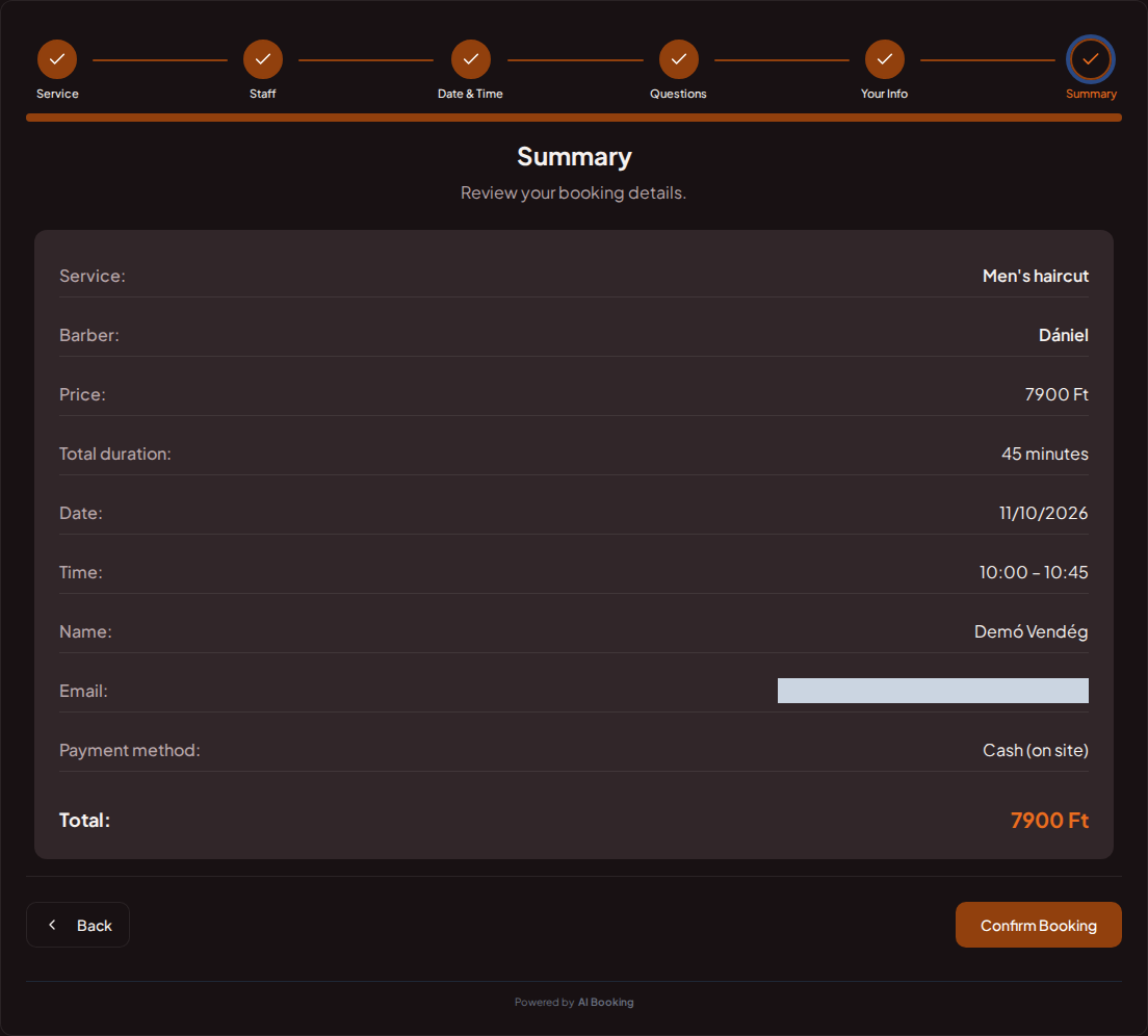 Appointment booking system for barbers – Barbershop booking summary with service, professional, date, and fee