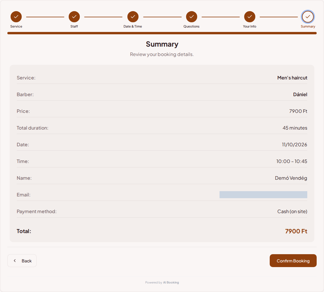 Appointment booking system for barbers – Barbershop booking summary with service, professional, date, and fee
