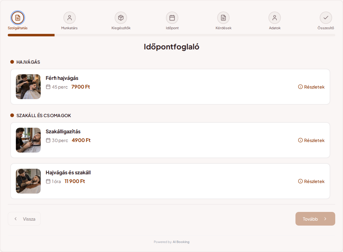 Időpontfoglaló rendszer borbélyoknak – Férfi hajvágás, Szakálligazítás, Hajvágás és szakáll árakkal, időtartammal és kategóriákkal