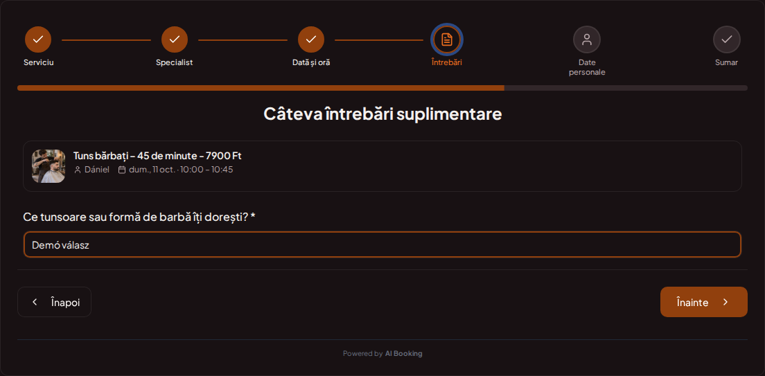Sistem de programări pentru barbieri – Întrebare de rezervare prealabilă pentru serviciu Barbershop: Ce coafură sau formă de barbă dorești?