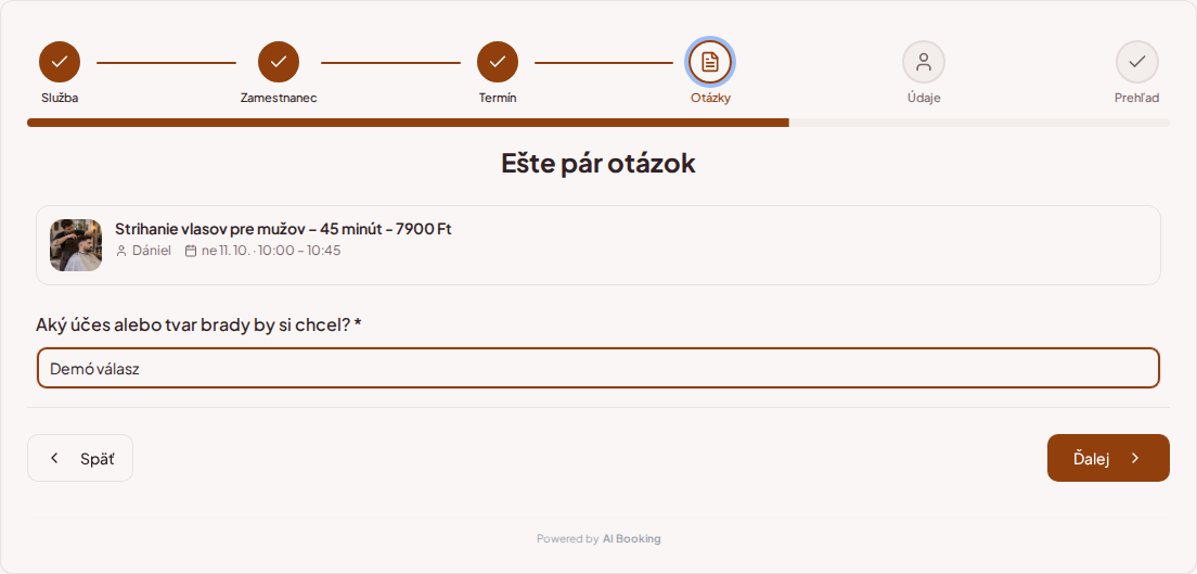 Systém rezervácií pre barberov – Predrezervačná otázka pre službu v barbershope: Aký strih alebo tvar brady by si chcel/a?