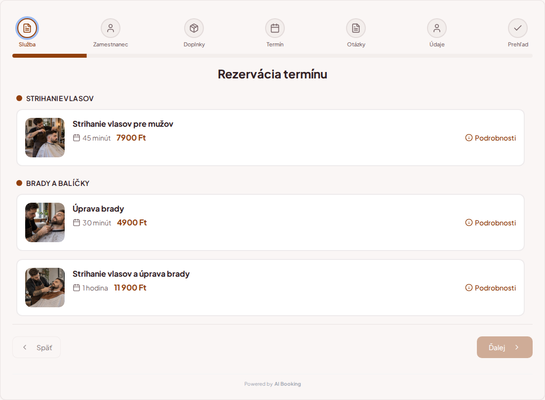 Systém rezervácií pre barberov – Strihanie vlasov pre mužov, Úprava brady, Strihanie vlasov a úprava brady s cenami, dĺžkou trvania a kategóriami