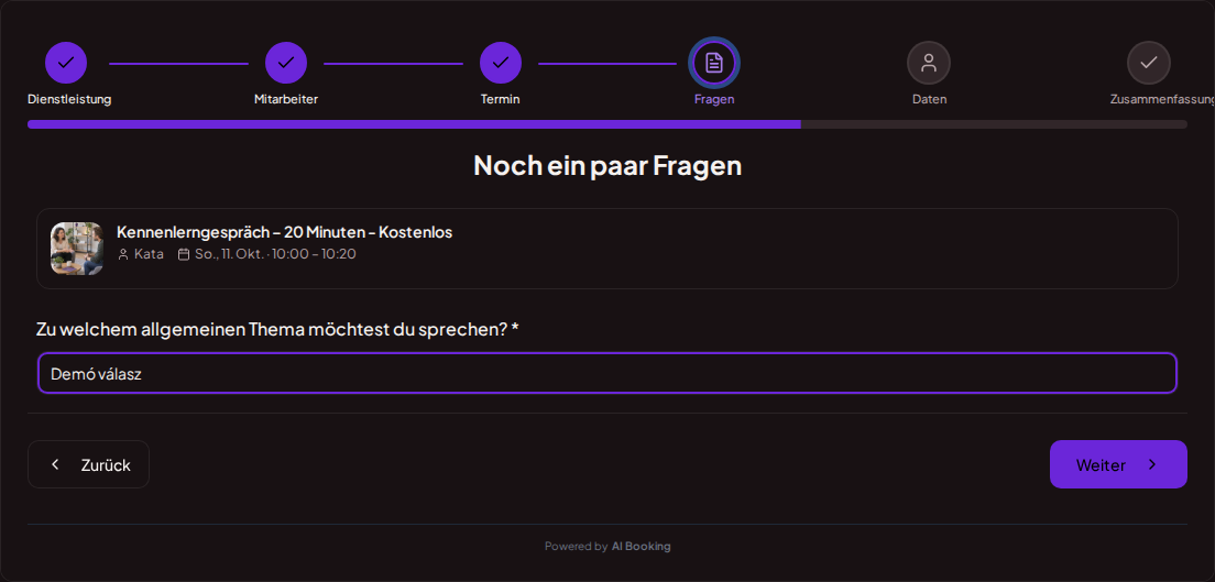 Terminbuchungssystem für Coaches – Vorabfrage zur Coaching-Sitzung: Über welches allgemeine Thema möchtest du sprechen?
