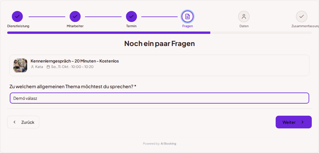 Terminbuchungssystem für Coaches – Vorabfrage zur Coaching-Sitzung: Über welches allgemeine Thema möchtest du sprechen?