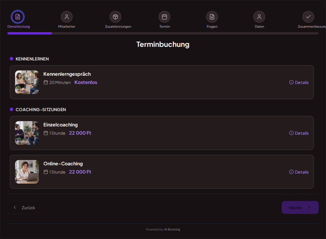 Terminbuchungssystem für Coaches – Kennenlerngespräch, Einzelcoaching, Online-Coaching mit Preisen, Dauer und Kategorien
