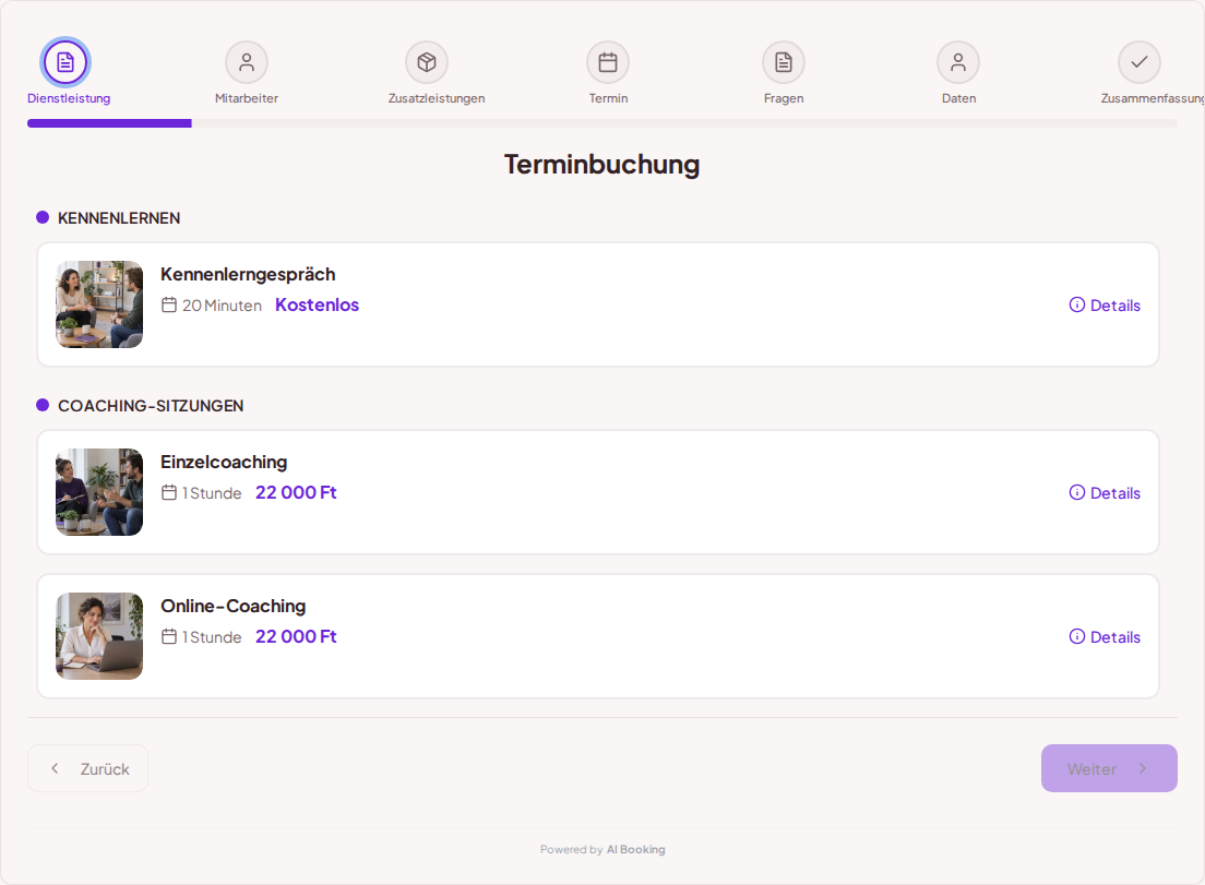 Terminbuchungssystem für Coaches – Kennenlerngespräch, Einzelcoaching, Online-Coaching mit Preisen, Dauer und Kategorien