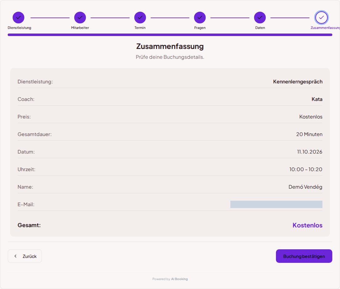 Terminbuchungssystem für Coaches – Buchungszusammenfassung der Coaching-Sitzung mit Leistung, Fachkraft, Termin und Preis