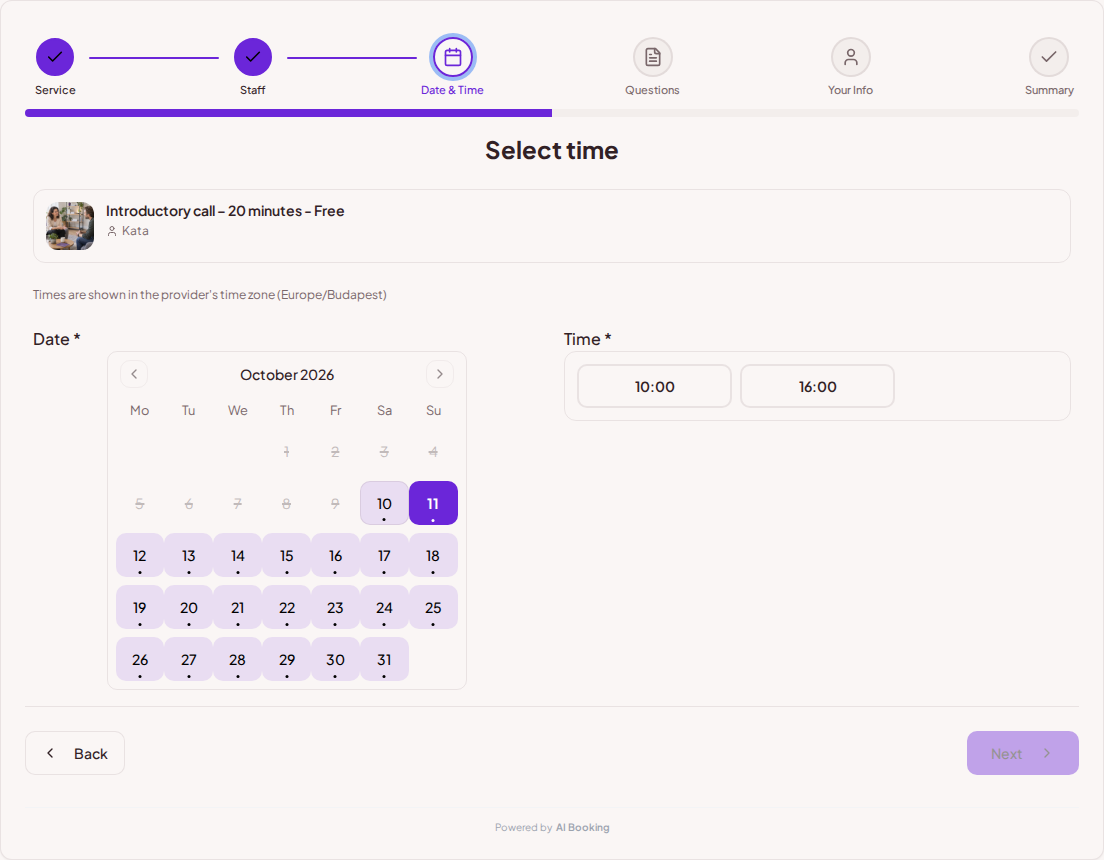 Appointment booking system for coaches – Coaching session booking calendar with available slots for the selected service