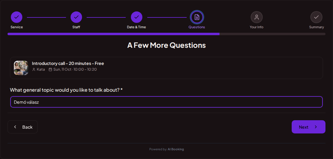 Appointment booking system for coaches – Coaching session pre-booking question: What general topic would you like to discuss?