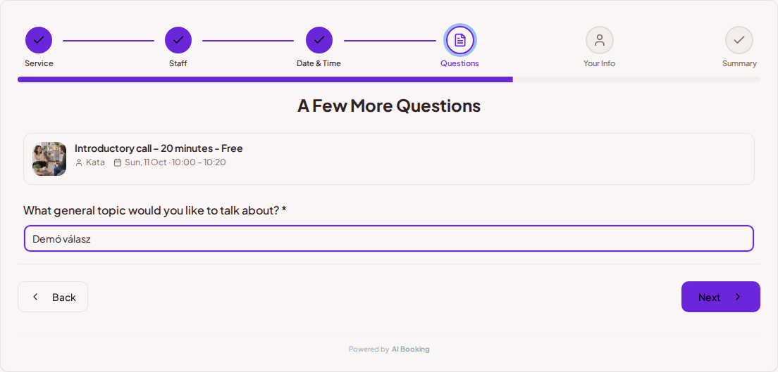 Appointment booking system for coaches – Coaching session pre-booking question: What general topic would you like to discuss?