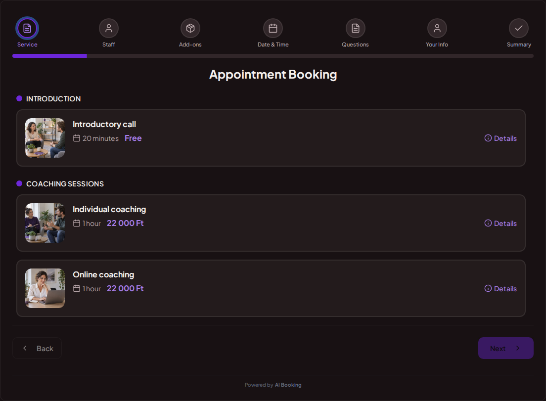 Appointment booking system for coaches – Introductory call, Individual coaching, Online coaching with prices, durations, and categories