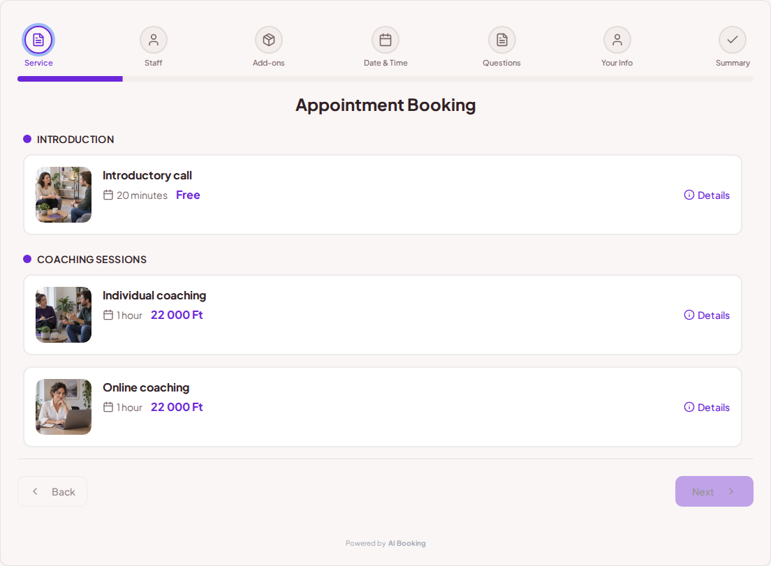 Appointment booking system for coaches – Introductory call, Individual coaching, Online coaching with prices, durations, and categories