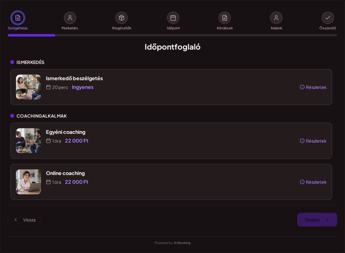 Időpontfoglaló rendszer coachoknak – Ismerkedő beszélgetés, Egyéni coaching, Online coaching árakkal, időtartammal és kategóriákkal