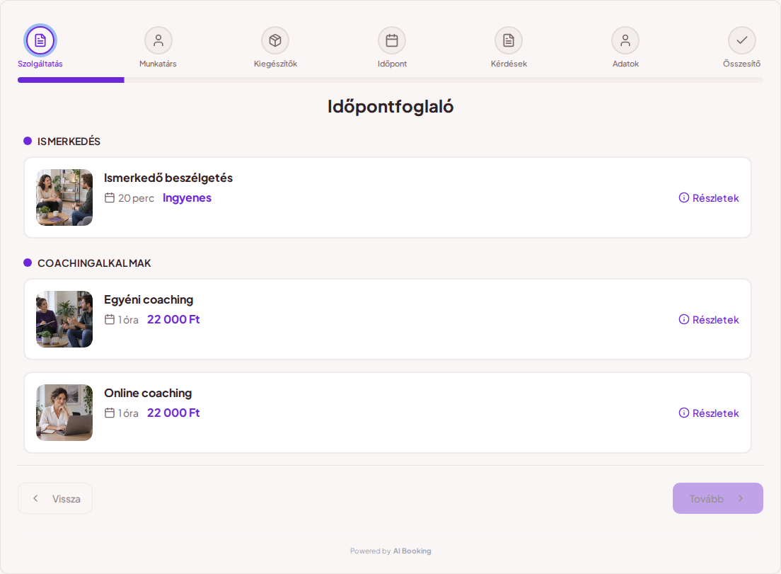 Időpontfoglaló rendszer coachoknak – Ismerkedő beszélgetés, Egyéni coaching, Online coaching árakkal, időtartammal és kategóriákkal