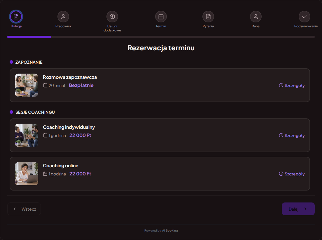 System rezerwacji dla coachów – Rozmowa zapoznawcza, Coaching indywidualny, Coaching online z cenami, czasem trwania i kategoriami