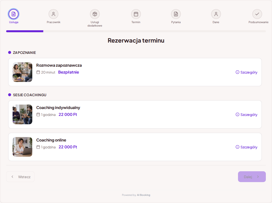 System rezerwacji dla coachów – Rozmowa zapoznawcza, Coaching indywidualny, Coaching online z cenami, czasem trwania i kategoriami