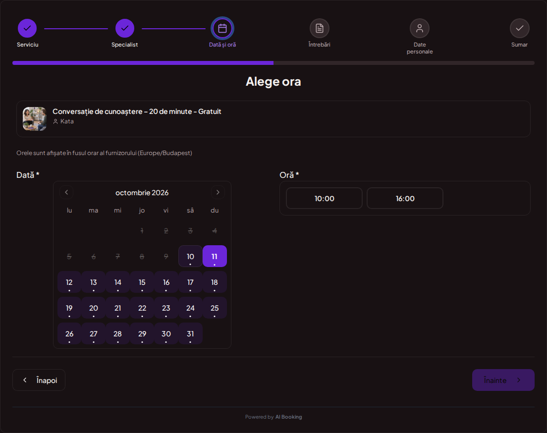 Sistem de programări pentru coachi – Calendar de programări pentru ședințe de coaching cu intervale libere pentru serviciul ales