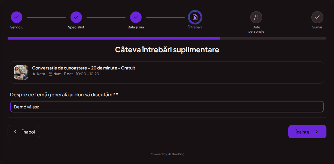 Sistem de programări pentru coachi – Întrebare prealabilă pentru ședința de coaching: Despre ce temă generală ai dori să discutăm?