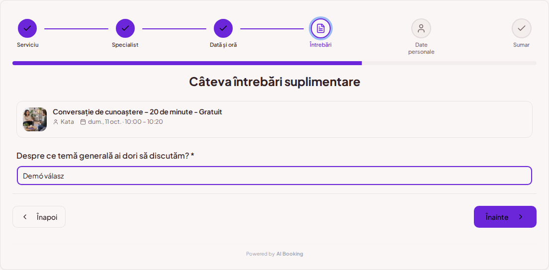 Sistem de programări pentru coachi – Întrebare prealabilă pentru ședința de coaching: Despre ce temă generală ai dori să discutăm?
