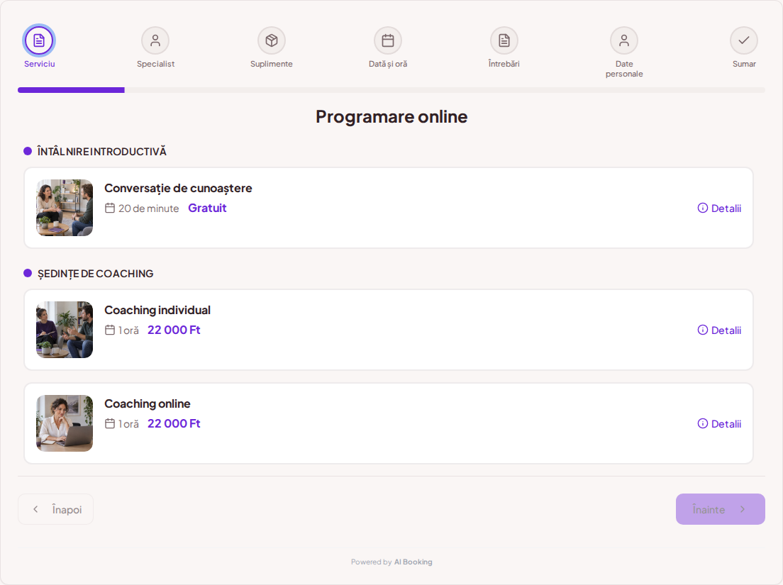 Sistem de programări pentru coachi – Conversație de cunoaștere, Coaching individual, Coaching online cu prețuri, durate și categorii