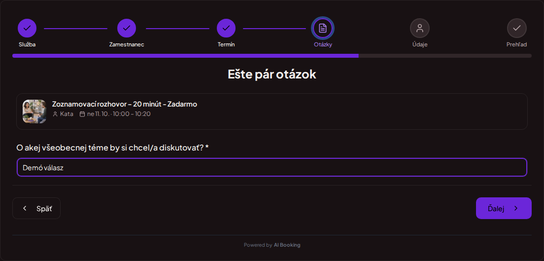 Systém na rezerváciu termínov pre koučov – Predrezervačná otázka pre koučingové sedenie: O akej všeobecnej téme by si sa chcel/a porozprávať?