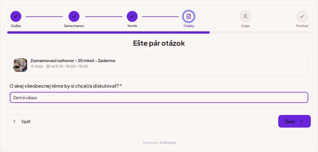 Systém na rezerváciu termínov pre koučov – Predrezervačná otázka pre koučingové sedenie: O akej všeobecnej téme by si sa chcel/a porozprávať?