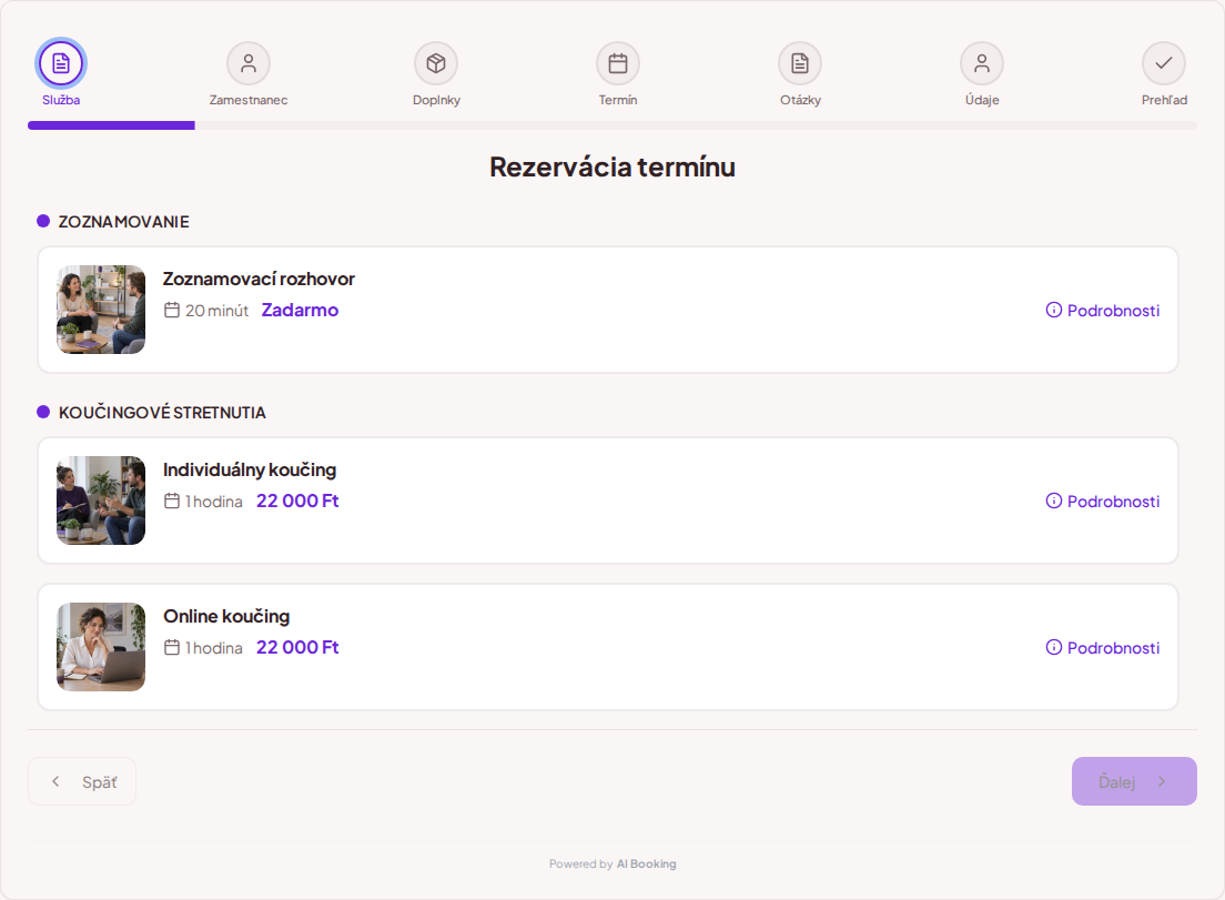 Systém na rezerváciu termínov pre koučov – Zoznamovací rozhovor, Individuálny koučing, Online koučing s cenami, dĺžkou a kategóriami