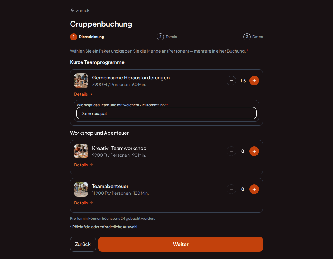 Buchungssystem für Teambuilding-Programme – Vorab-Buchungsfrage für Teambuilding-Programm: Wie heißt das Team und mit welchem Ziel kommt ihr?